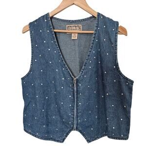 Vintage Denim Vest Womens Large Blue Rhinestones 90s Cottage 90s Retro Granny